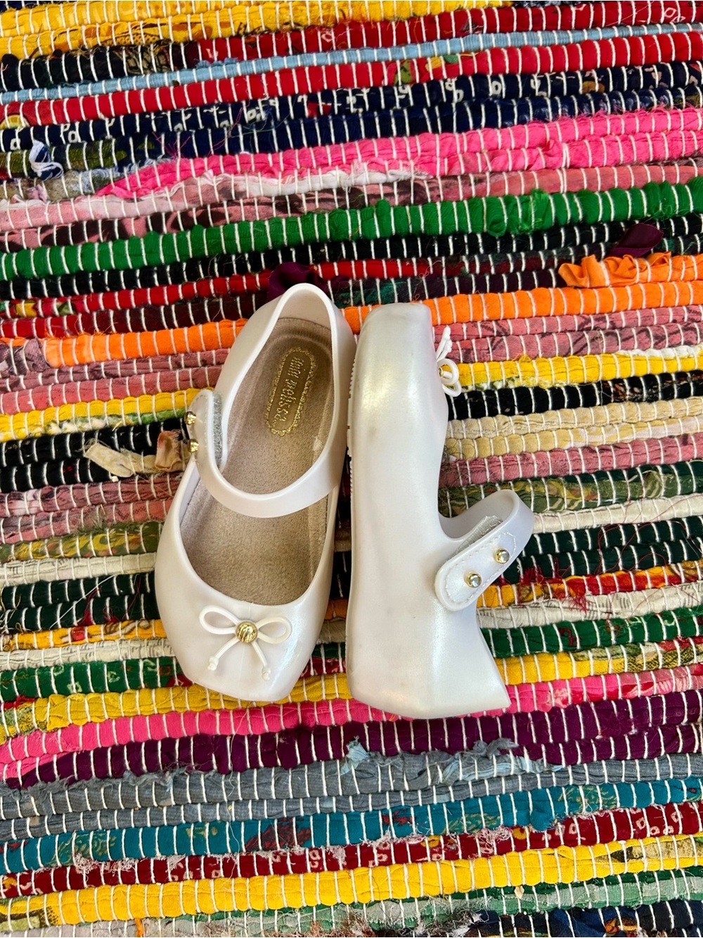 Mini Melissa White Iridescent Mary Jane Ballet Shoes with Bow 6